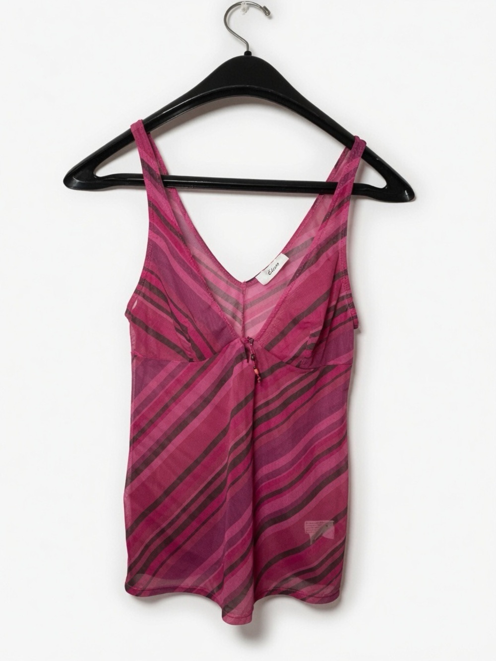Y2K Etam Women’s UK Size 8 Striped Sheer Pink & Dark Pink V-Neck Tank
